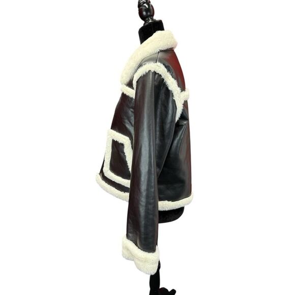 French Connection Faux Shearling Aviator Jacket Black White XL US 12 - Picture 4 of 10